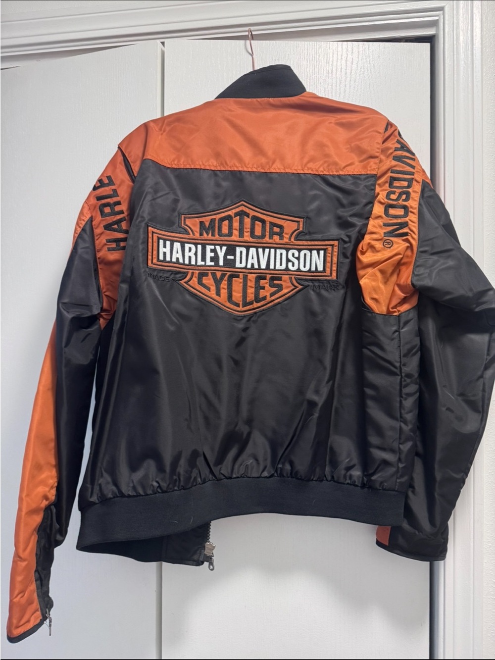 Harley-Davidson Black and Orange Embroidered Logo Bomber Jacket